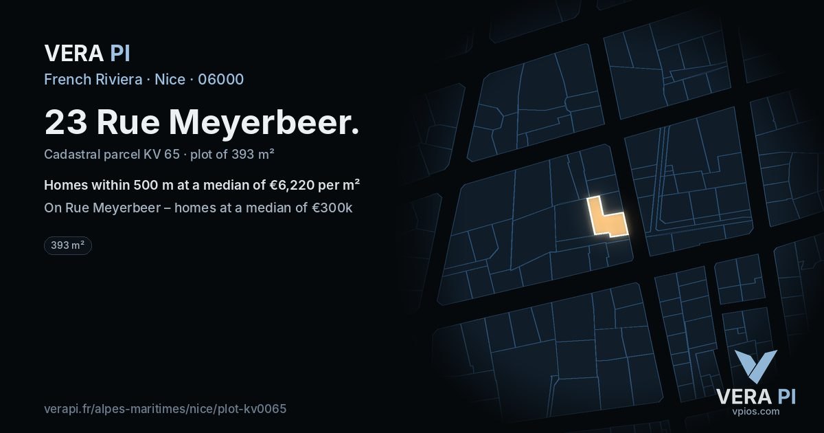 23 Rue Meyerbeer, Nice at night – the plot lit, the parcels around coloured by the prices near them