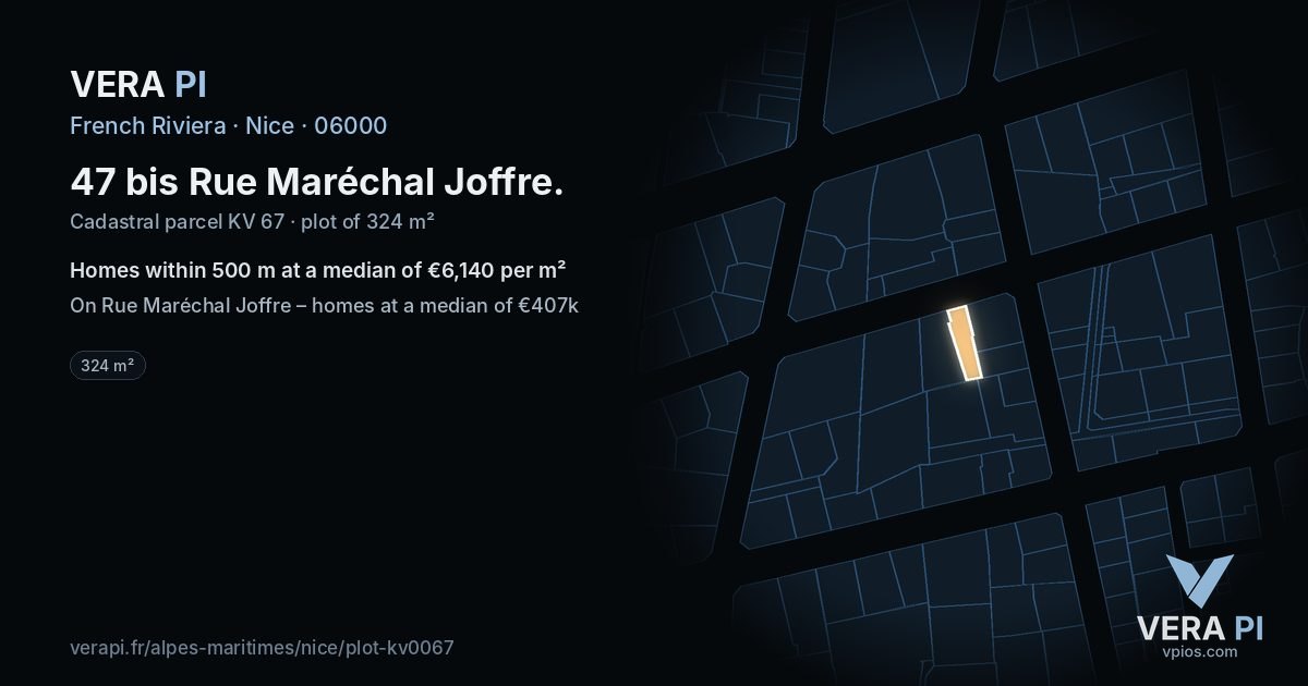 47 bis Rue Maréchal Joffre, Nice at night – the plot lit, the parcels around coloured by the prices near them