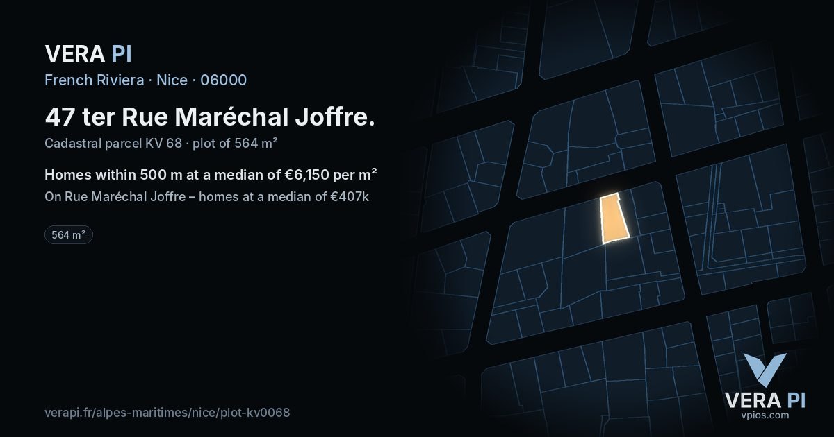 47 ter Rue Maréchal Joffre, Nice at night – the plot lit, the parcels around coloured by the prices near them
