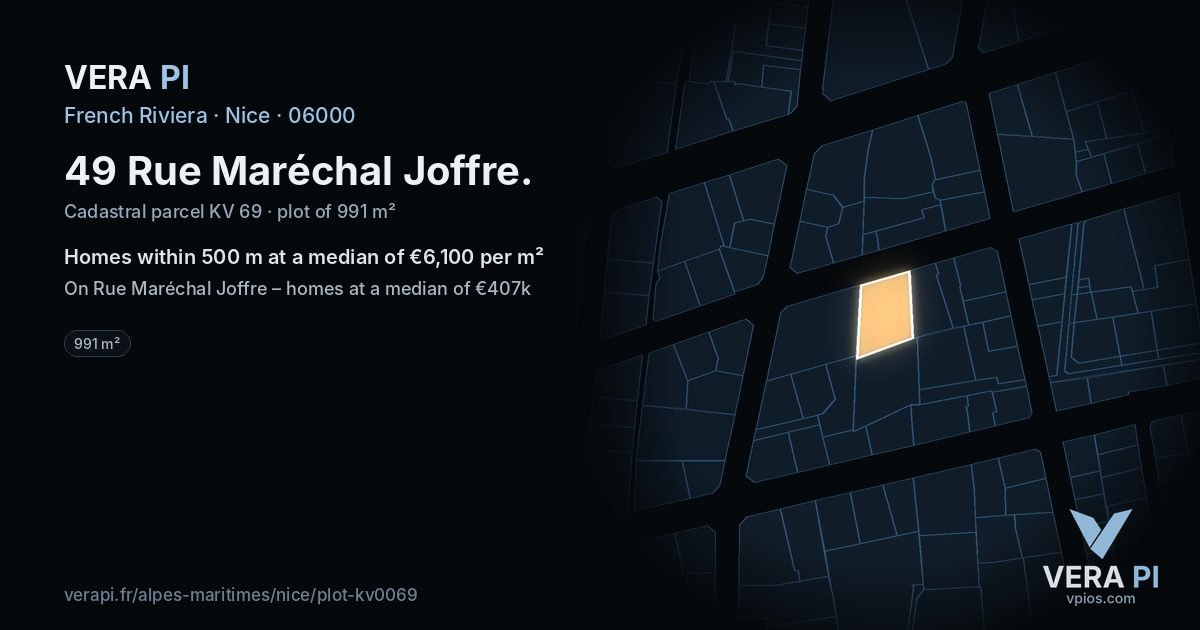 49 Rue Maréchal Joffre, Nice at night – the plot lit, the parcels around coloured by the prices near them