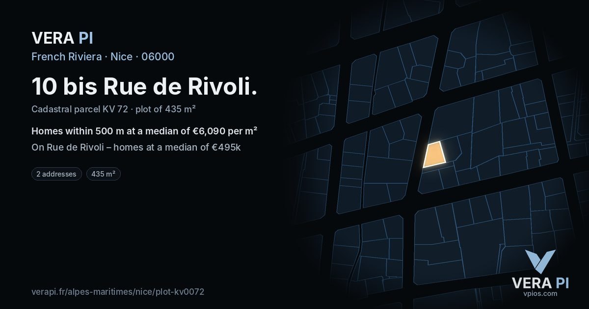 10 bis Rue de Rivoli, Nice at night – the plot lit, the parcels around coloured by the prices near them