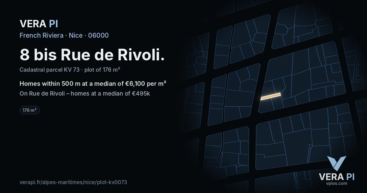 8 bis Rue de Rivoli, Nice at night – the plot lit, the parcels around coloured by the prices near them