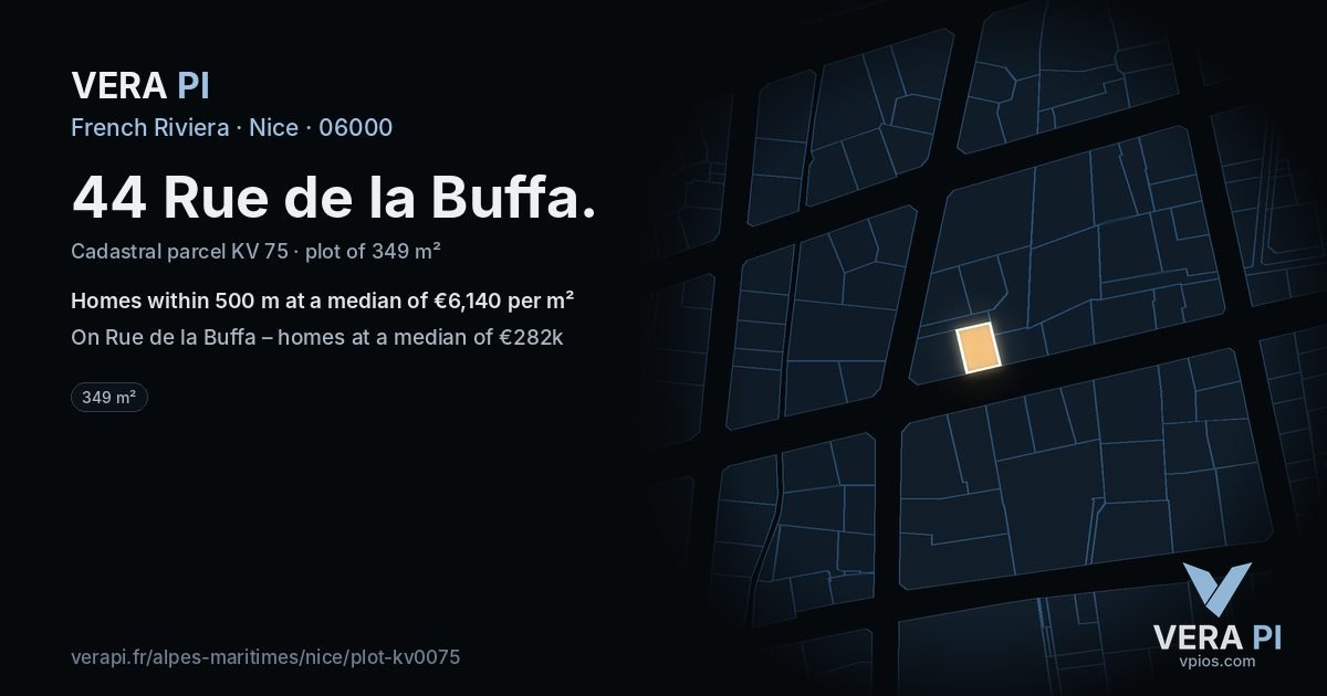 44 Rue de la Buffa, Nice at night – the plot lit, the parcels around coloured by the prices near them