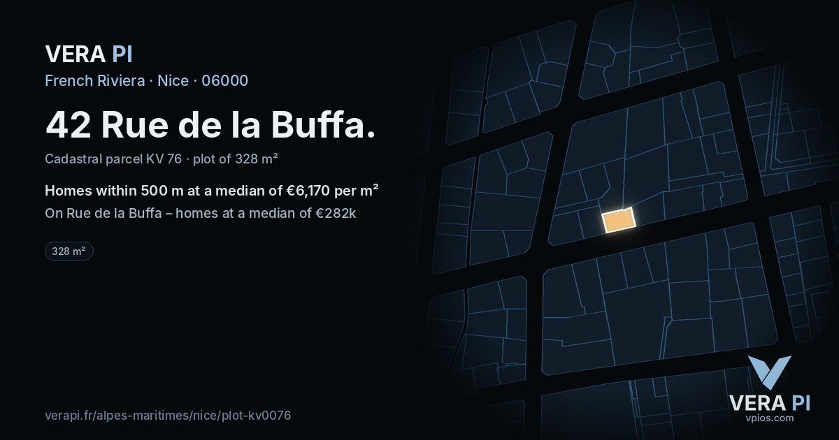 42 Rue de la Buffa, Nice at night – the plot lit, the parcels around coloured by the prices near them