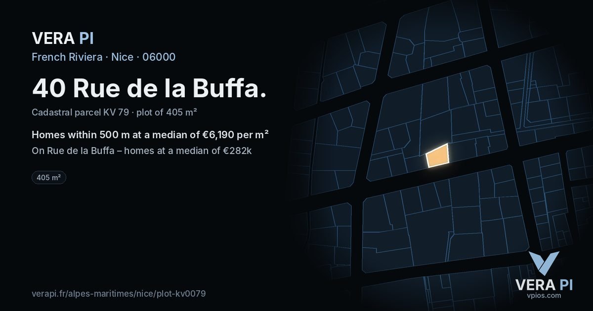 40 Rue de la Buffa, Nice at night – the plot lit, the parcels around coloured by the prices near them