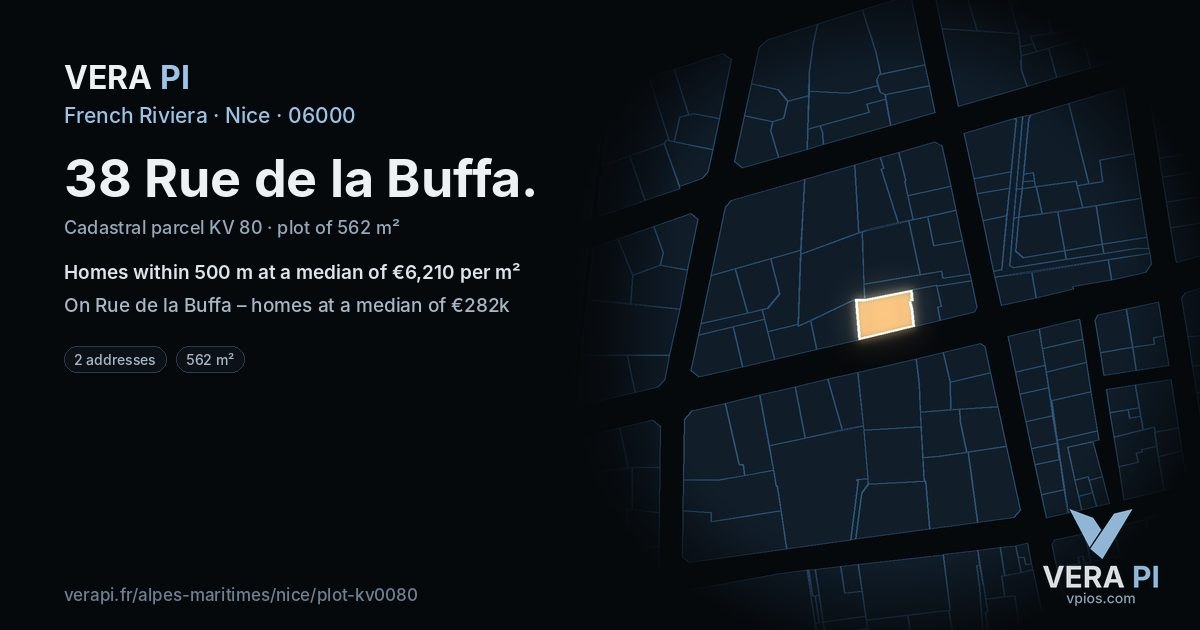38 Rue de la Buffa, Nice at night – the plot lit, the parcels around coloured by the prices near them
