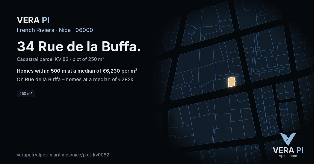 34 Rue de la Buffa, Nice at night – the plot lit, the parcels around coloured by the prices near them