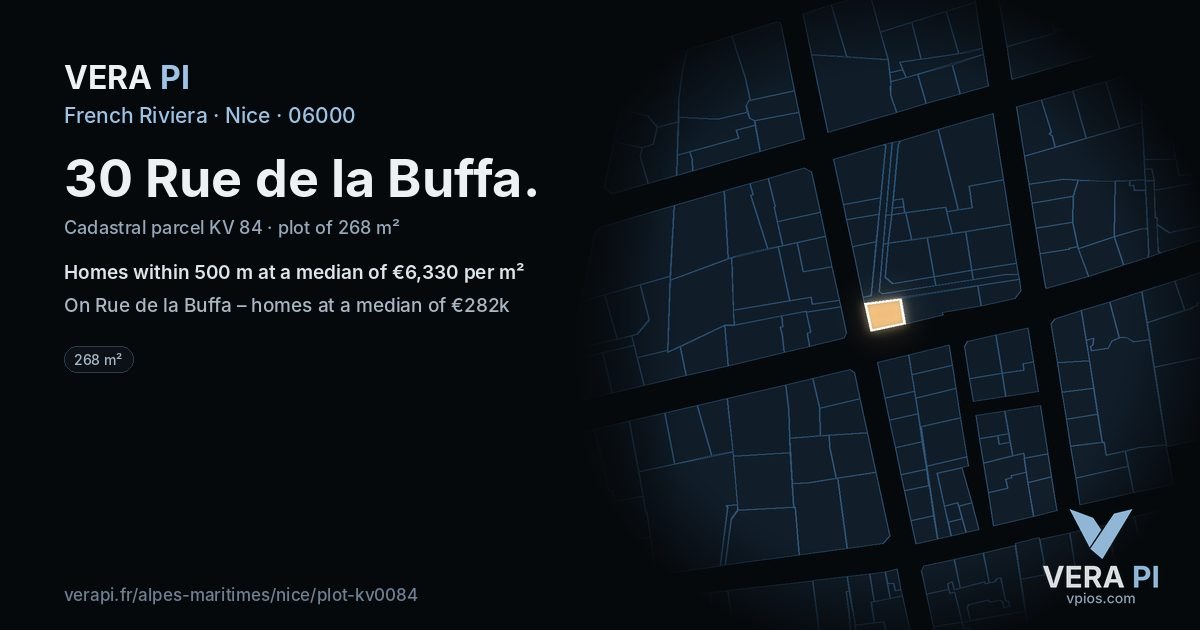 30 Rue de la Buffa, Nice at night – the plot lit, the parcels around coloured by the prices near them