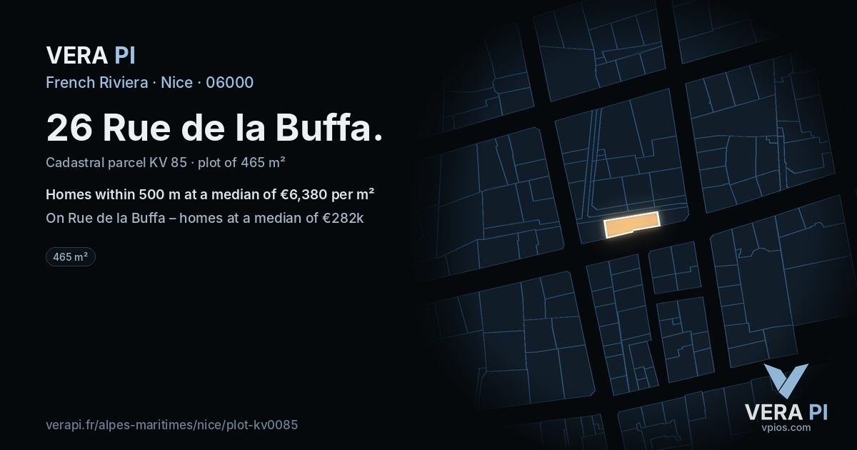 26 Rue de la Buffa, Nice at night – the plot lit, the parcels around coloured by the prices near them