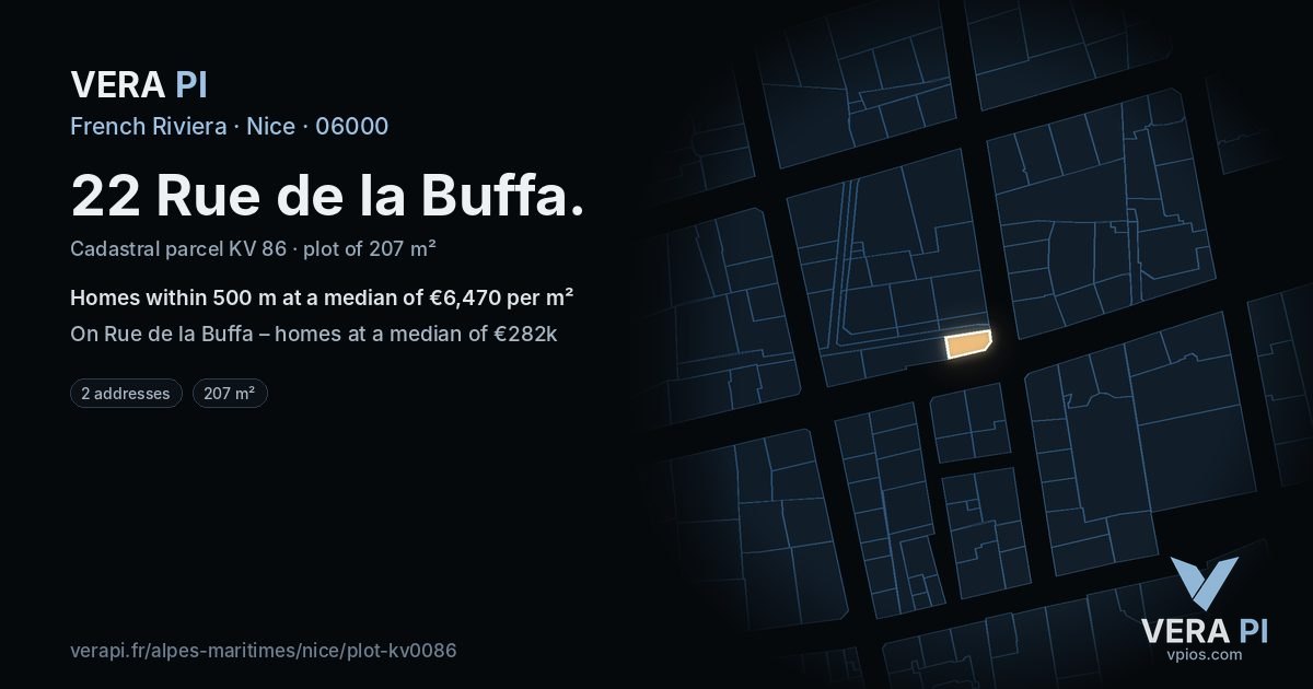 22 Rue de la Buffa, Nice at night – the plot lit, the parcels around coloured by the prices near them
