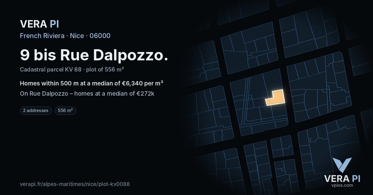 9 bis Rue Dalpozzo, Nice at night – the plot lit, the parcels around coloured by the prices near them