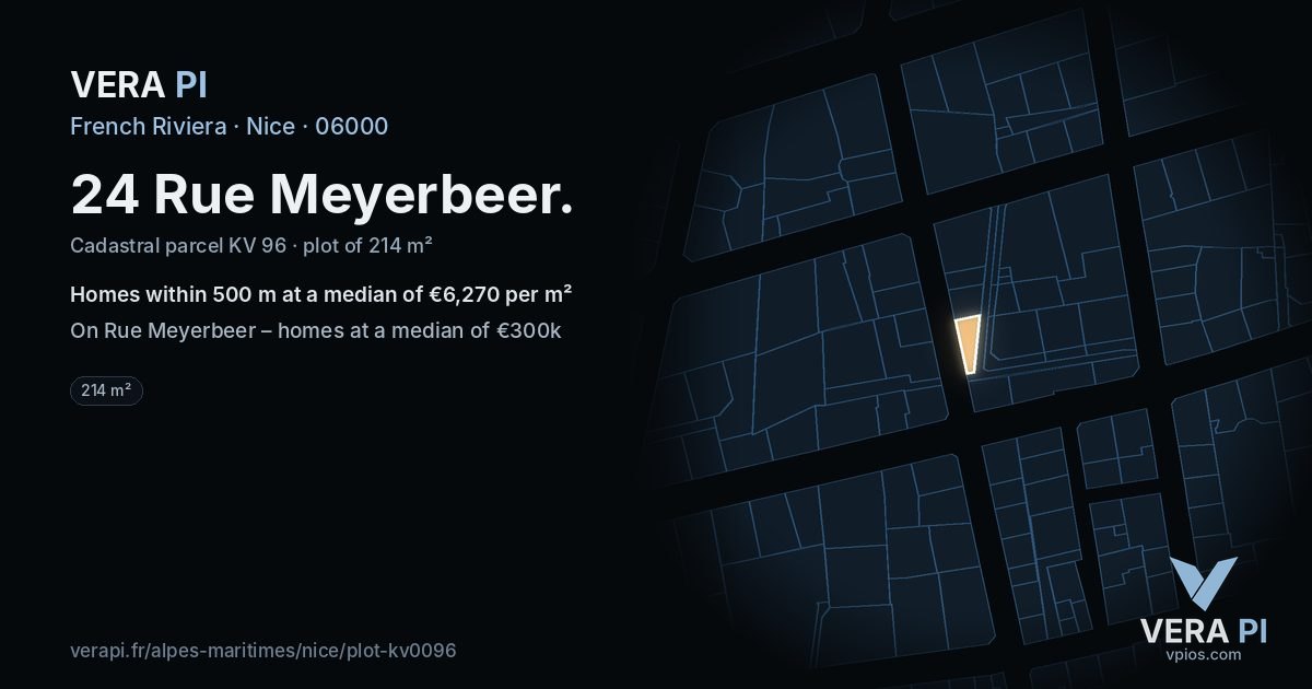24 Rue Meyerbeer, Nice at night – the plot lit, the parcels around coloured by the prices near them