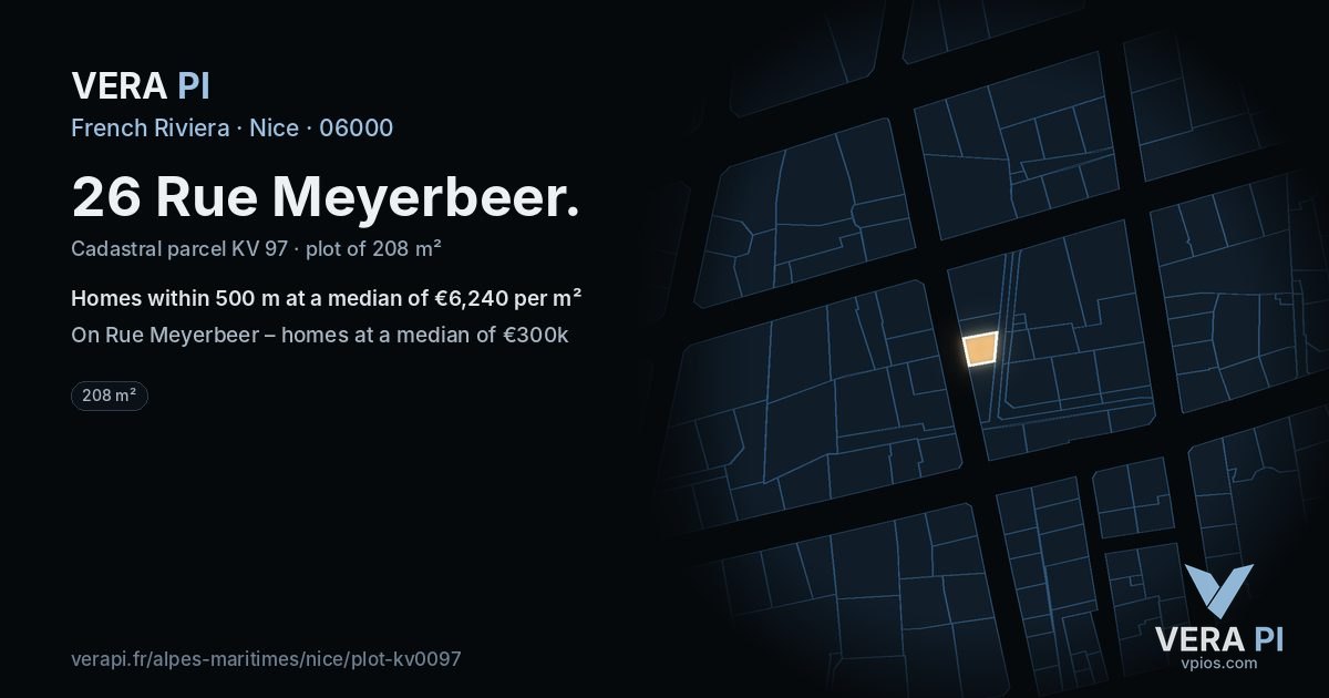 26 Rue Meyerbeer, Nice at night – the plot lit, the parcels around coloured by the prices near them