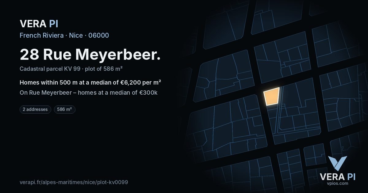 28 Rue Meyerbeer, Nice at night – the plot lit, the parcels around coloured by the prices near them