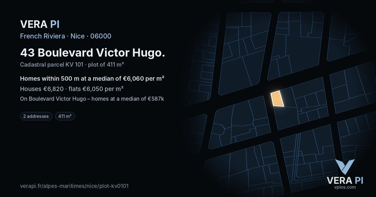 43 Boulevard Victor Hugo, Nice at night – the plot lit, the parcels around coloured by the prices near them