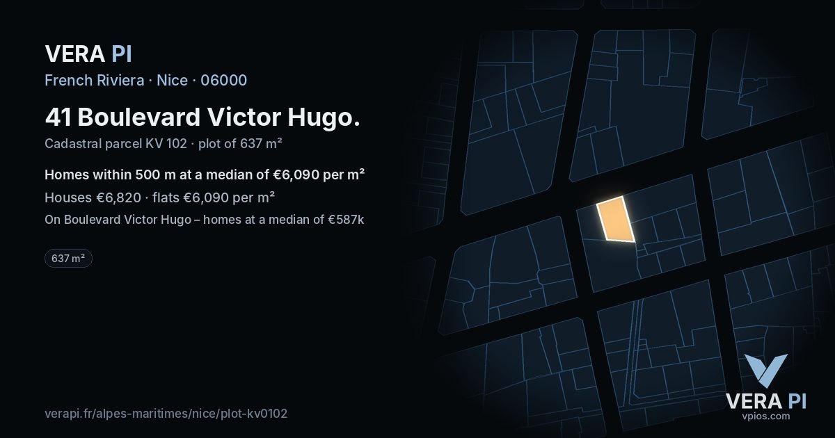 41 Boulevard Victor Hugo, Nice at night – the plot lit, the parcels around coloured by the prices near them