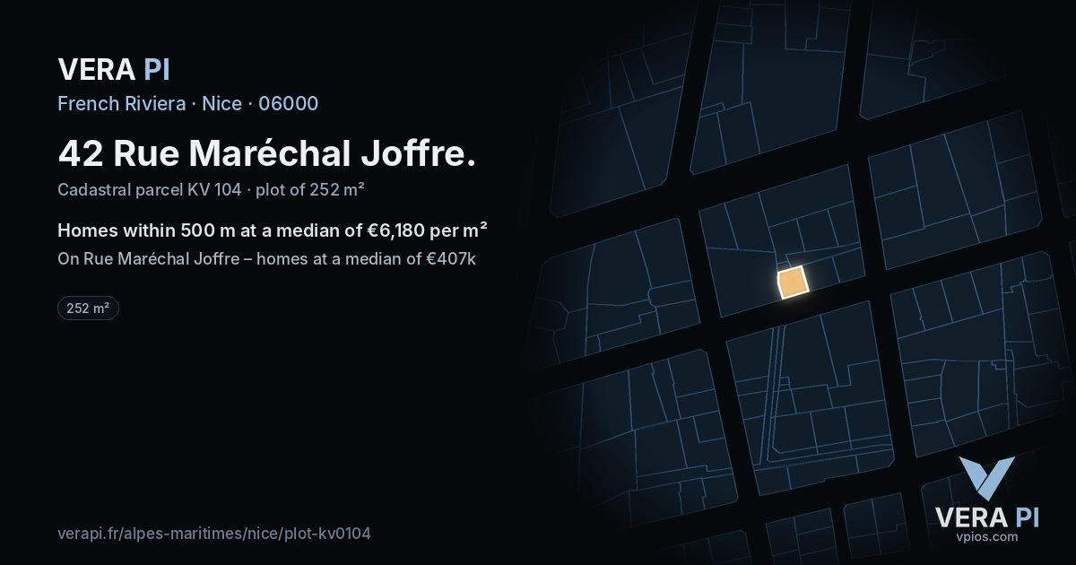42 Rue Maréchal Joffre, Nice at night – the plot lit, the parcels around coloured by the prices near them