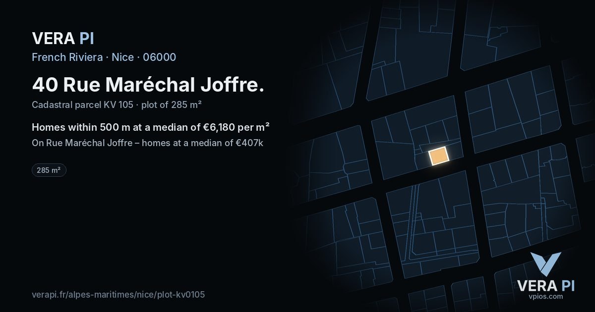40 Rue Maréchal Joffre, Nice at night – the plot lit, the parcels around coloured by the prices near them