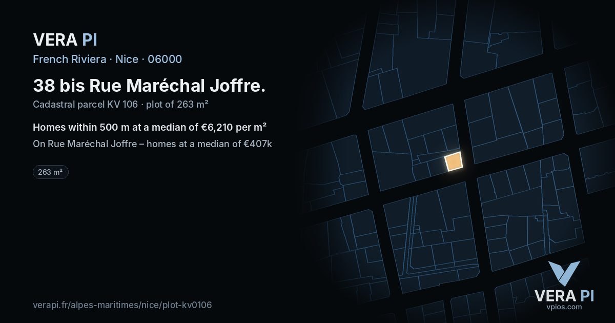 38 bis Rue Maréchal Joffre, Nice at night – the plot lit, the parcels around coloured by the prices near them