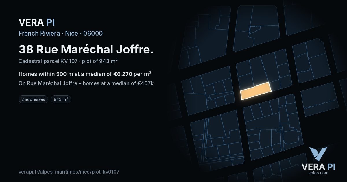 38 Rue Maréchal Joffre, Nice at night – the plot lit, the parcels around coloured by the prices near them