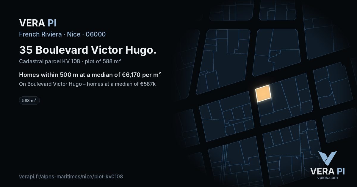 35 Boulevard Victor Hugo, Nice at night – the plot lit, the parcels around coloured by the prices near them
