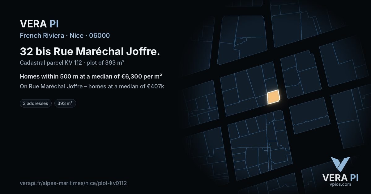 32 bis Rue Maréchal Joffre, Nice at night – the plot lit, the parcels around coloured by the prices near them