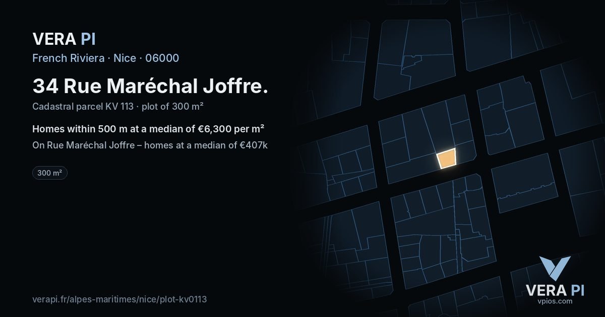 34 Rue Maréchal Joffre, Nice at night – the plot lit, the parcels around coloured by the prices near them