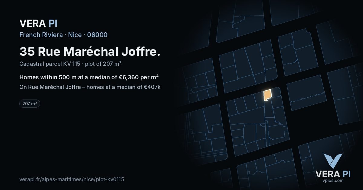 35 Rue Maréchal Joffre, Nice at night – the plot lit, the parcels around coloured by the prices near them