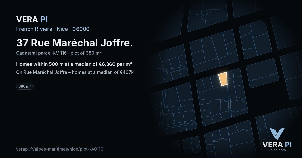37 Rue Maréchal Joffre, Nice at night – the plot lit, the parcels around coloured by the prices near them