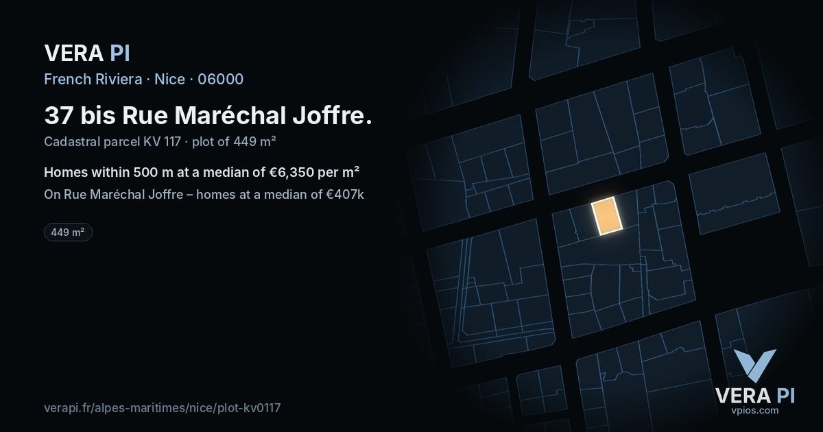 37 bis Rue Maréchal Joffre, Nice at night – the plot lit, the parcels around coloured by the prices near them