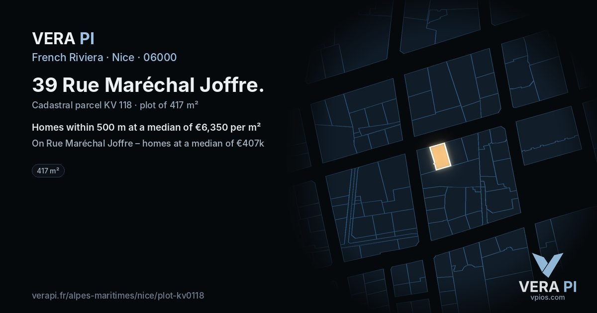 39 Rue Maréchal Joffre, Nice at night – the plot lit, the parcels around coloured by the prices near them