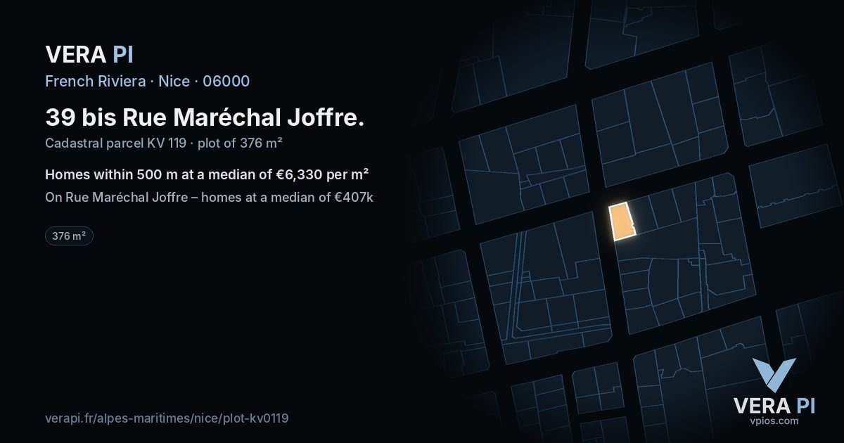 39 bis Rue Maréchal Joffre, Nice at night – the plot lit, the parcels around coloured by the prices near them