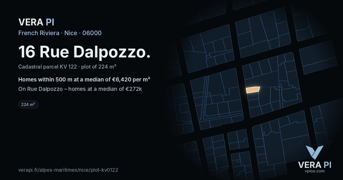 16 Rue Dalpozzo, Nice at night – the plot lit, the parcels around coloured by the prices near them