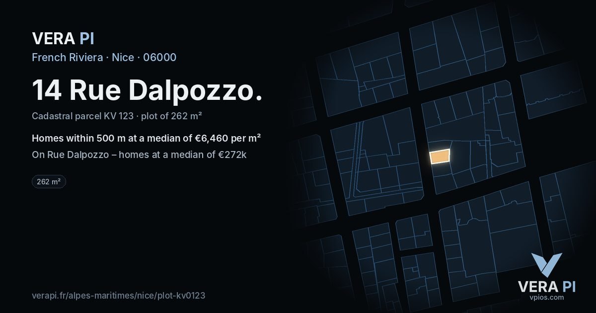 14 Rue Dalpozzo, Nice at night – the plot lit, the parcels around coloured by the prices near them