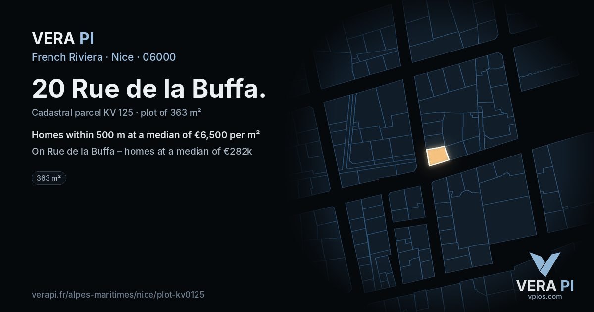 20 Rue de la Buffa, Nice at night – the plot lit, the parcels around coloured by the prices near them