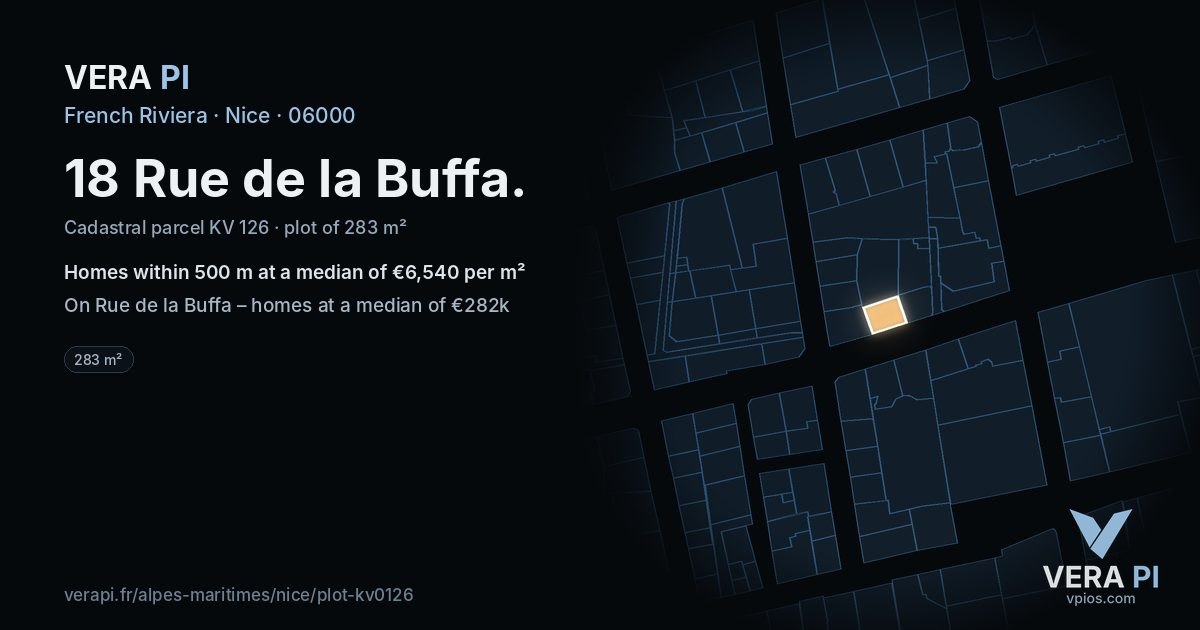18 Rue de la Buffa, Nice at night – the plot lit, the parcels around coloured by the prices near them