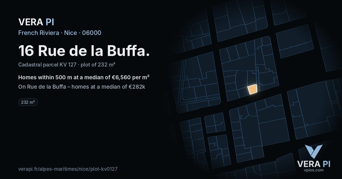 16 Rue de la Buffa, Nice at night – the plot lit, the parcels around coloured by the prices near them