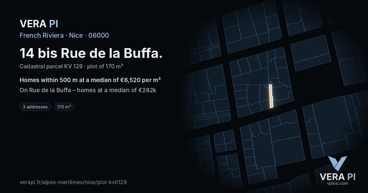 14 bis Rue de la Buffa, Nice at night – the plot lit, the parcels around coloured by the prices near them