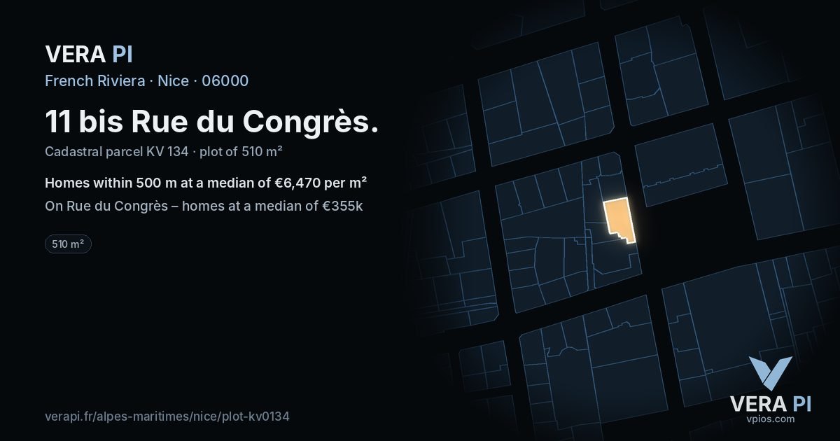 11 bis Rue du Congrès, Nice at night – the plot lit, the parcels around coloured by the prices near them