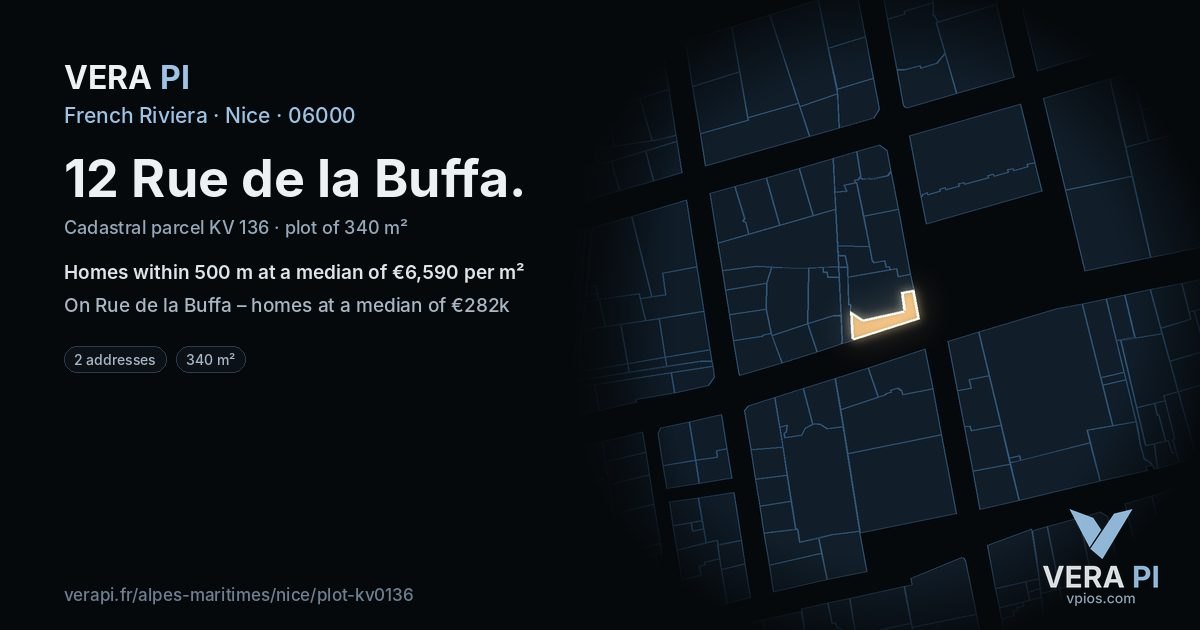 12 Rue de la Buffa, Nice at night – the plot lit, the parcels around coloured by the prices near them