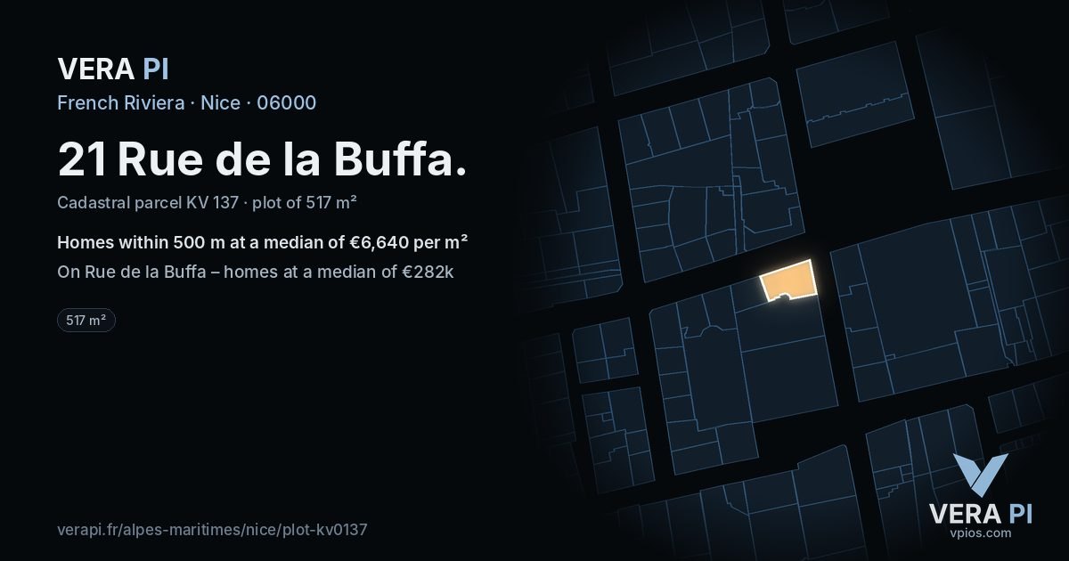 21 Rue de la Buffa, Nice at night – the plot lit, the parcels around coloured by the prices near them
