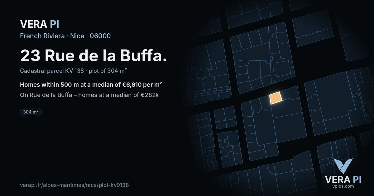23 Rue de la Buffa, Nice at night – the plot lit, the parcels around coloured by the prices near them