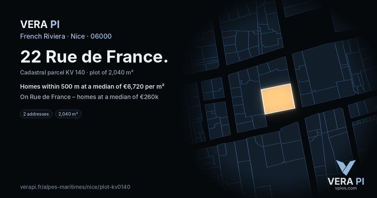 22 Rue de France, Nice at night – the plot lit, the parcels around coloured by the prices near them
