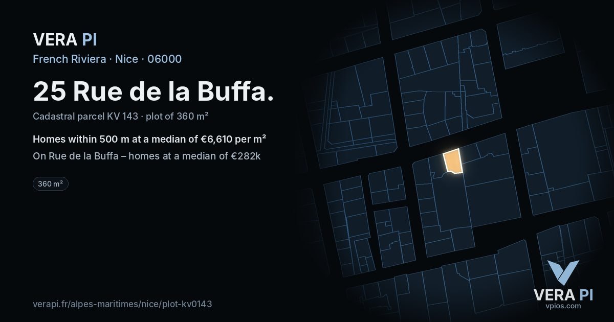 25 Rue de la Buffa, Nice at night – the plot lit, the parcels around coloured by the prices near them