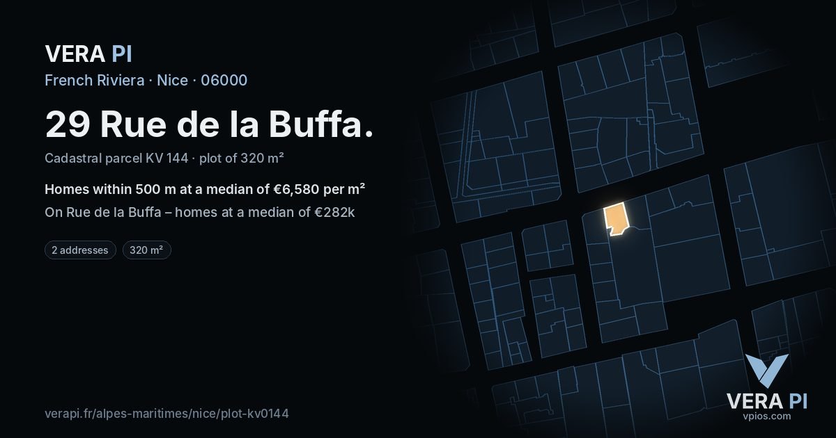 29 Rue de la Buffa, Nice at night – the plot lit, the parcels around coloured by the prices near them