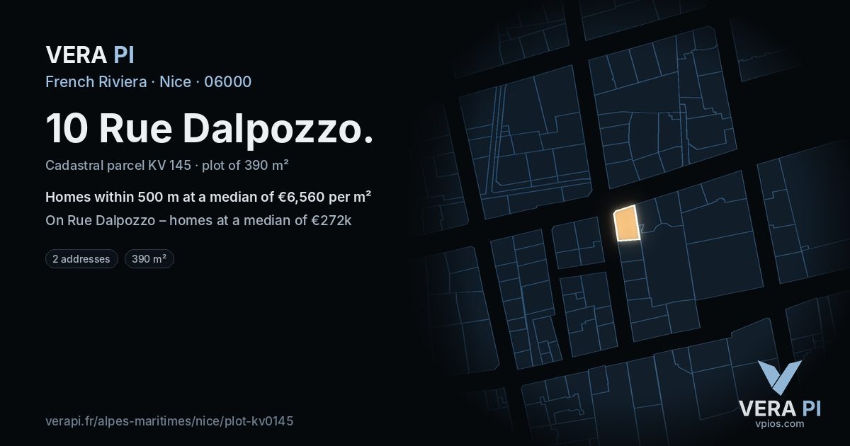 10 Rue Dalpozzo, Nice at night – the plot lit, the parcels around coloured by the prices near them