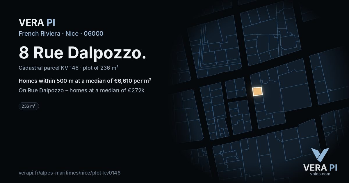 8 Rue Dalpozzo, Nice at night – the plot lit, the parcels around coloured by the prices near them