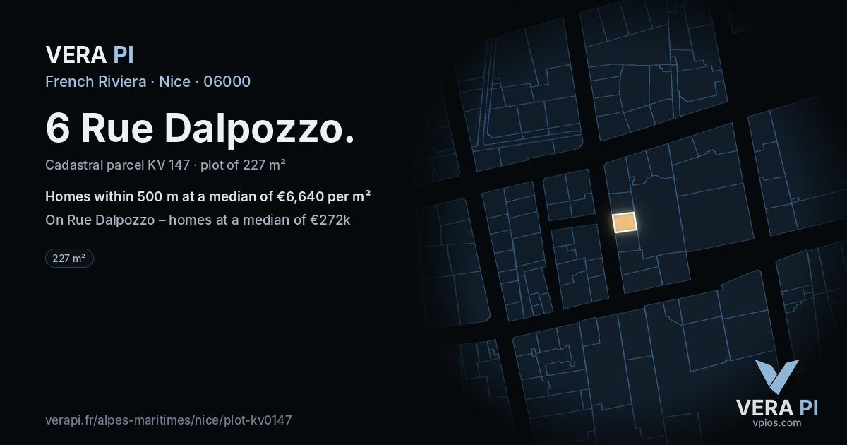 6 Rue Dalpozzo, Nice at night – the plot lit, the parcels around coloured by the prices near them