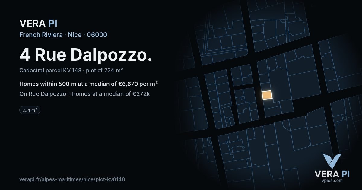 4 Rue Dalpozzo, Nice at night – the plot lit, the parcels around coloured by the prices near them