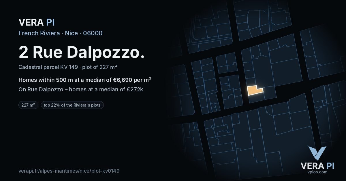 2 Rue Dalpozzo, Nice at night – the plot lit, the parcels around coloured by the prices near them